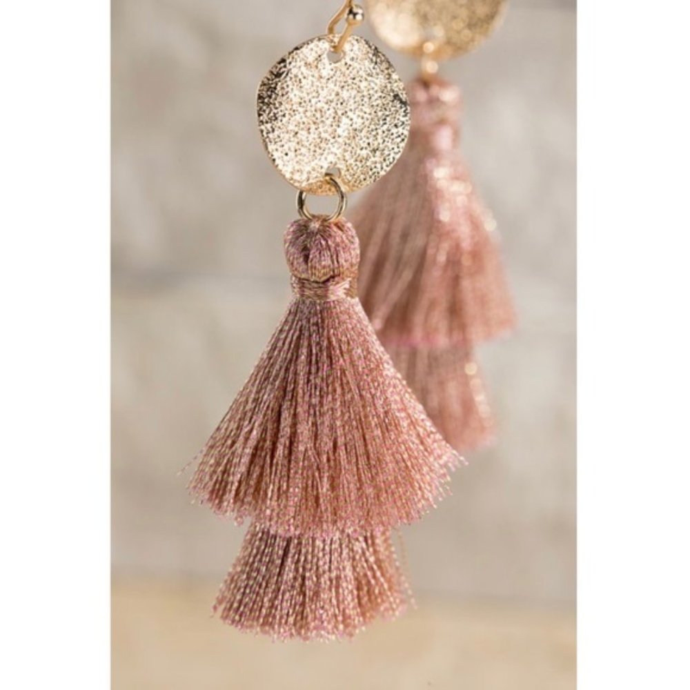 Boho Rose Gold Tassel & Disc Earrings